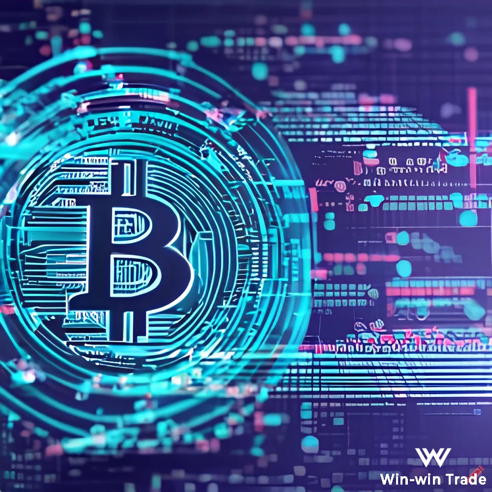 AI crypto trade bitcoin violet blue coin 